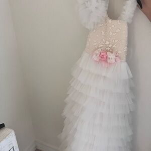Elegant White and Pink Ruffled Dress